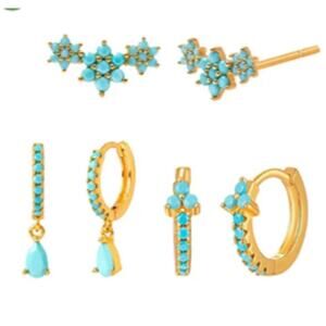 925 Sterling Silver Gold Turquoise Flower Earring Hoop Earrings 3 pairs
